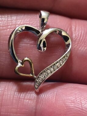Vintage Sterling Silver, 10k Yellow Gold, & Diamond Heart Pendant Signed
